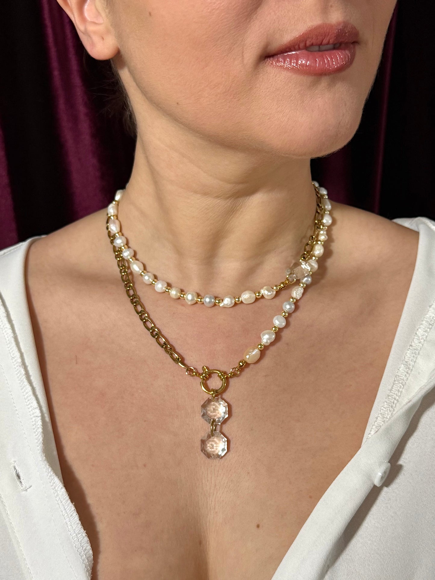 Collier upcyclé double rang en perles de culture et verre de lustre vintage, Maison Clémy